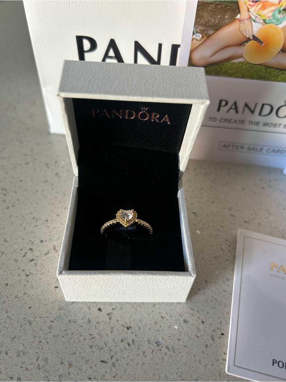 Pandora Gold Heart Ring with Clear Center Stone